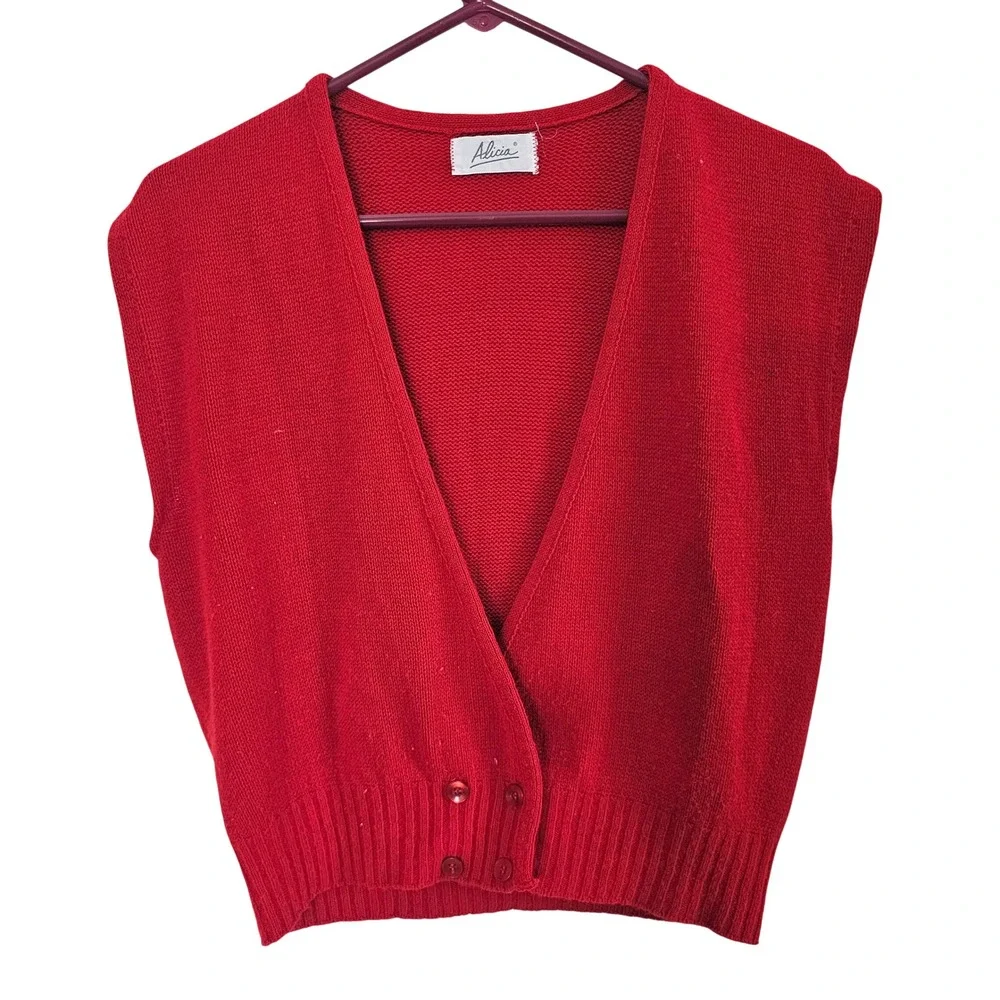 Alicia Vintage Red Knit 2 Piece Set V-Neck Sweater Vest and Midi Skirt Small